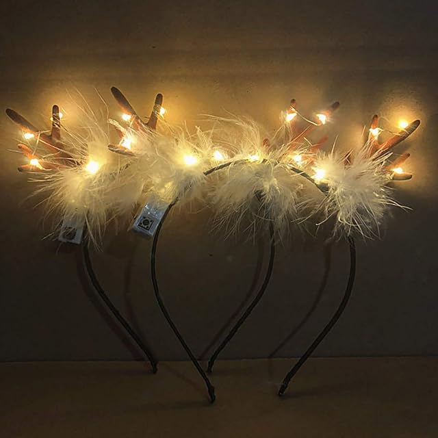 Simsly Christmas LED Light up Antlers Headbands Glowing Feathers Headband Xmas Hair Bands Party Decorative for Women Girls Kids Adult 2PCS