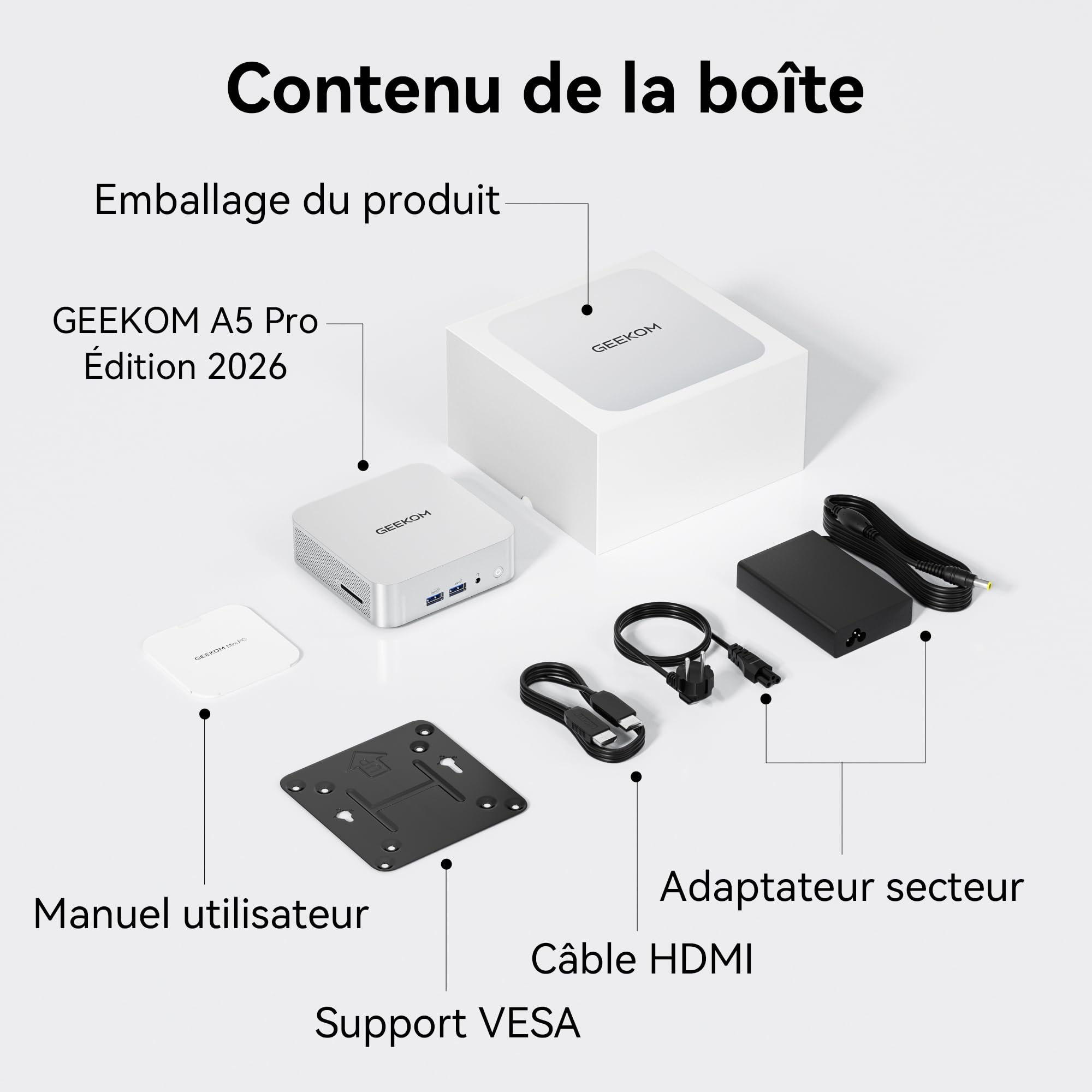 GEEKOM A5 Pro Mini PC 2026 Edition AMD Ryzen 5 7530U, 1 to SSD, 16 Go RAM | DDR4 Business Mini Ordinateur, LAN 2.5G, Éco-énergétique, Lecteur SD, 4 Écrans 8K pour usages professionnels