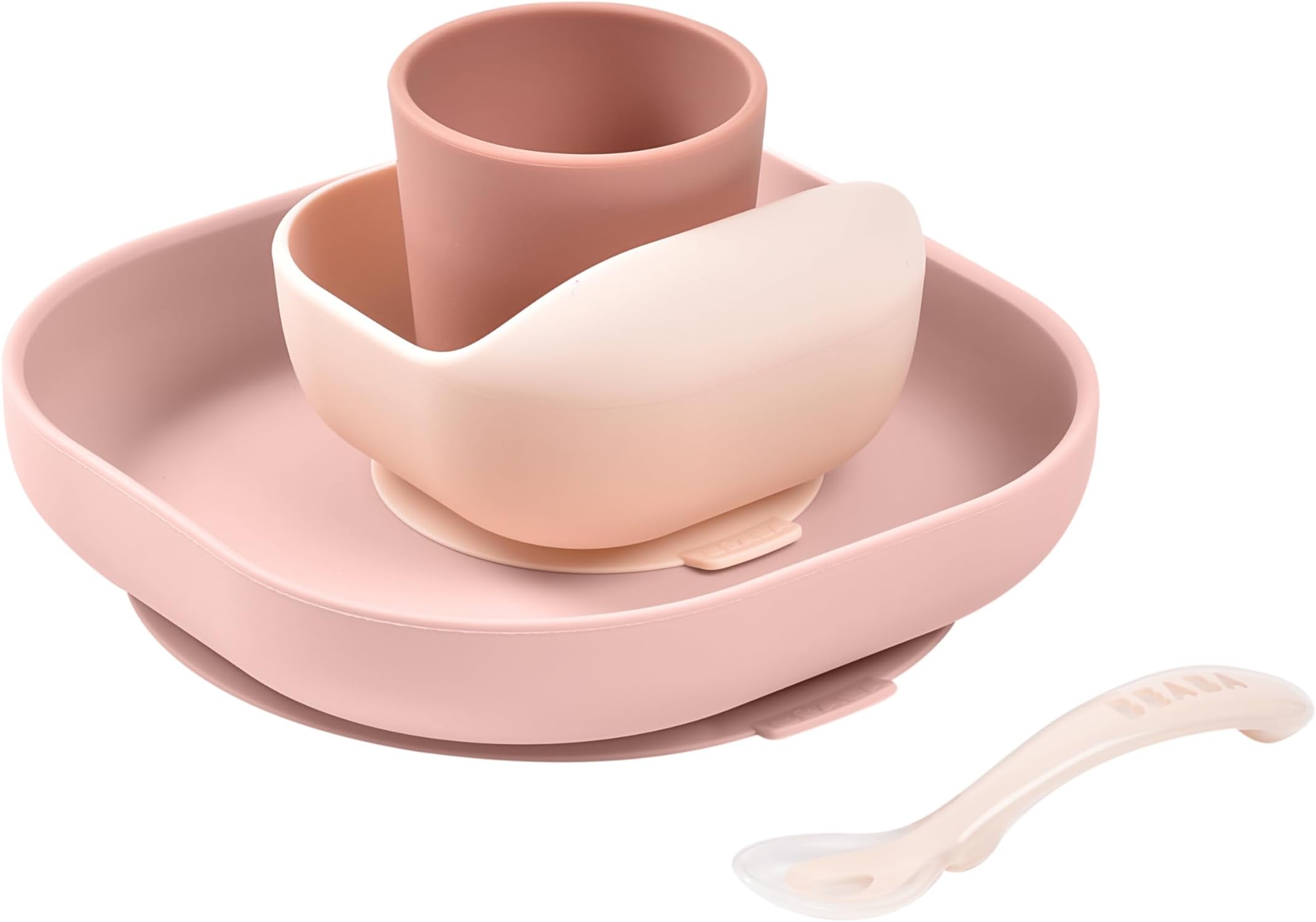 BEABA 100% Silicone 4-Piece Baby Feeding Set, Suction Plates for Baby, Made w/High Grade Food Safe Silicone, Rose