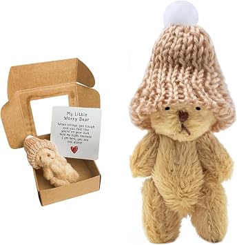 A Handmade Bear Wearing a hat, with an Encouraging Card Included in the Packaging. This Pocket-Sized Handmade Bear Brings Comfort to AdultsIts the for Loved Ones, Family, and Friends.