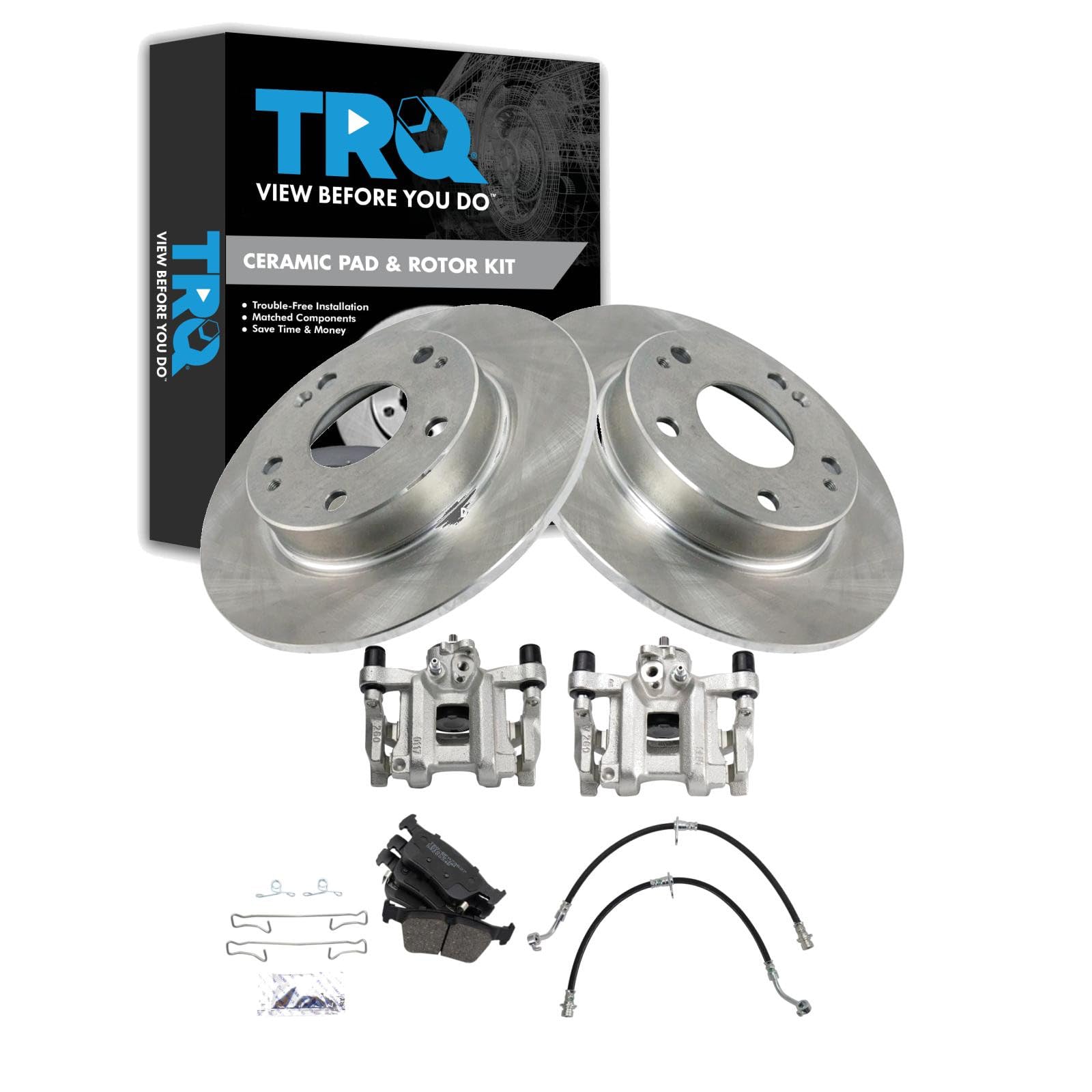 TRQ Rear Brake Pad and Rotor Set Ceramic Rotors Calipers Compatible with 2016-2019 Honda Civic