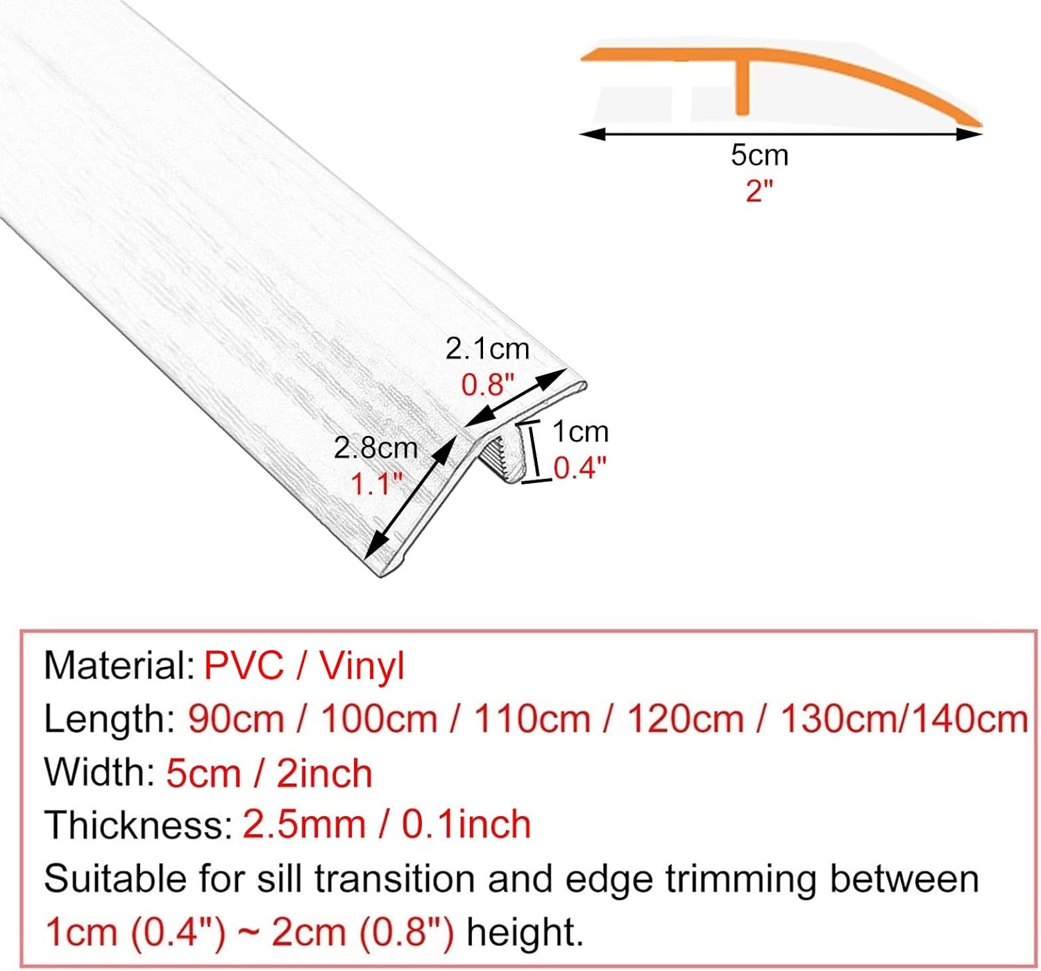 BEINME Door Transition Strip Threshold Cover,Wood to Tile PVC Floor Divider Strip,35 inch/40 inch/50 inch/55 inch Long (Color:Red,Size:120cm/47)