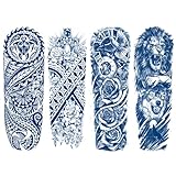 Semi Permanent Full Arm Tattoo Stickers - Pack of 4, Realistic Sleeve Tattoos with Totem, Flower, Cross, Bird, Wolf, Lion Designs, Fake Tattoos