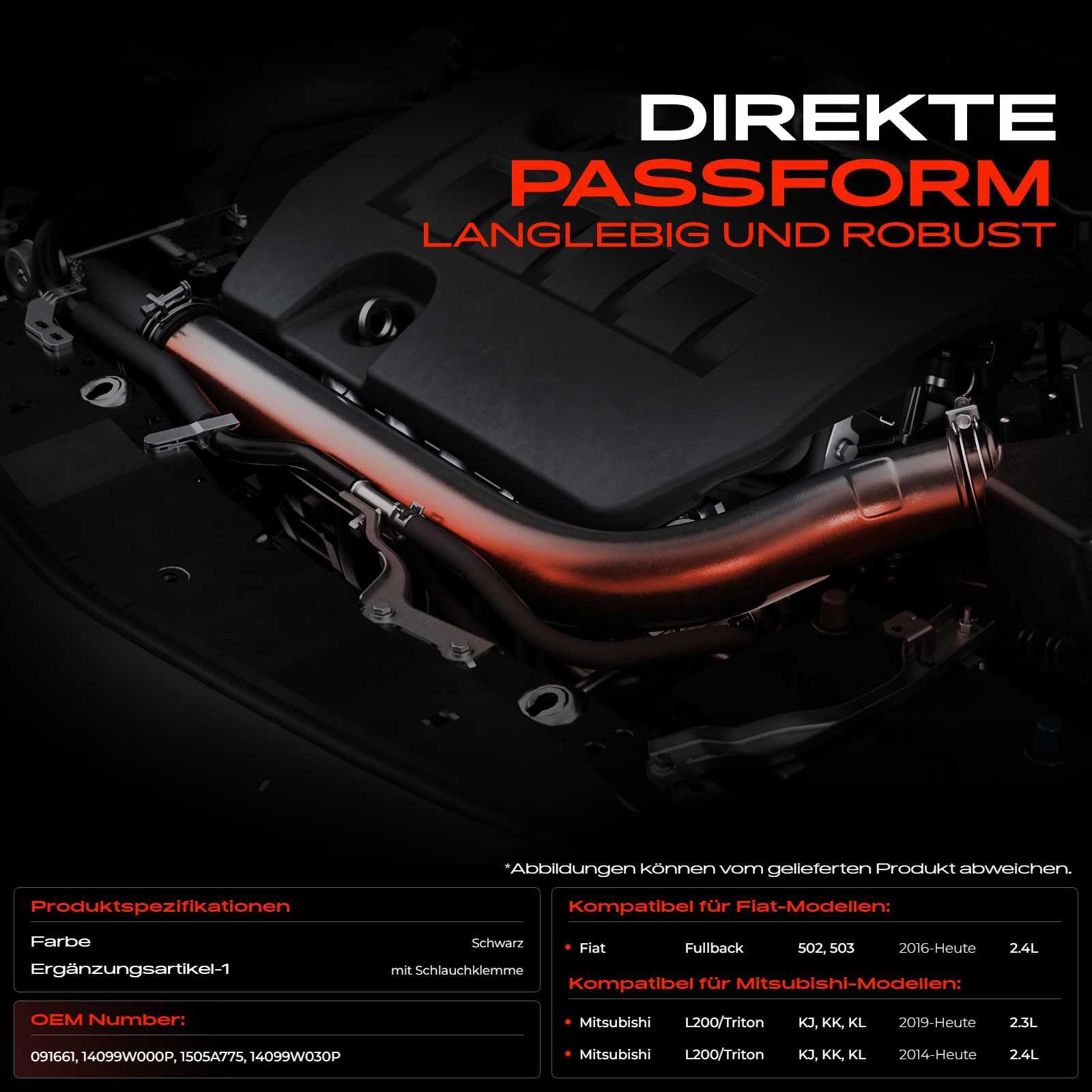 Frankberg Tubo flessibile dell'aria di sovralimentazione Con Morsetto per tubi flessibili Compatibile con Fullback Pick-up 502 503 L200/Triton KJ KK KL Replace# 1505A775,14099W000P