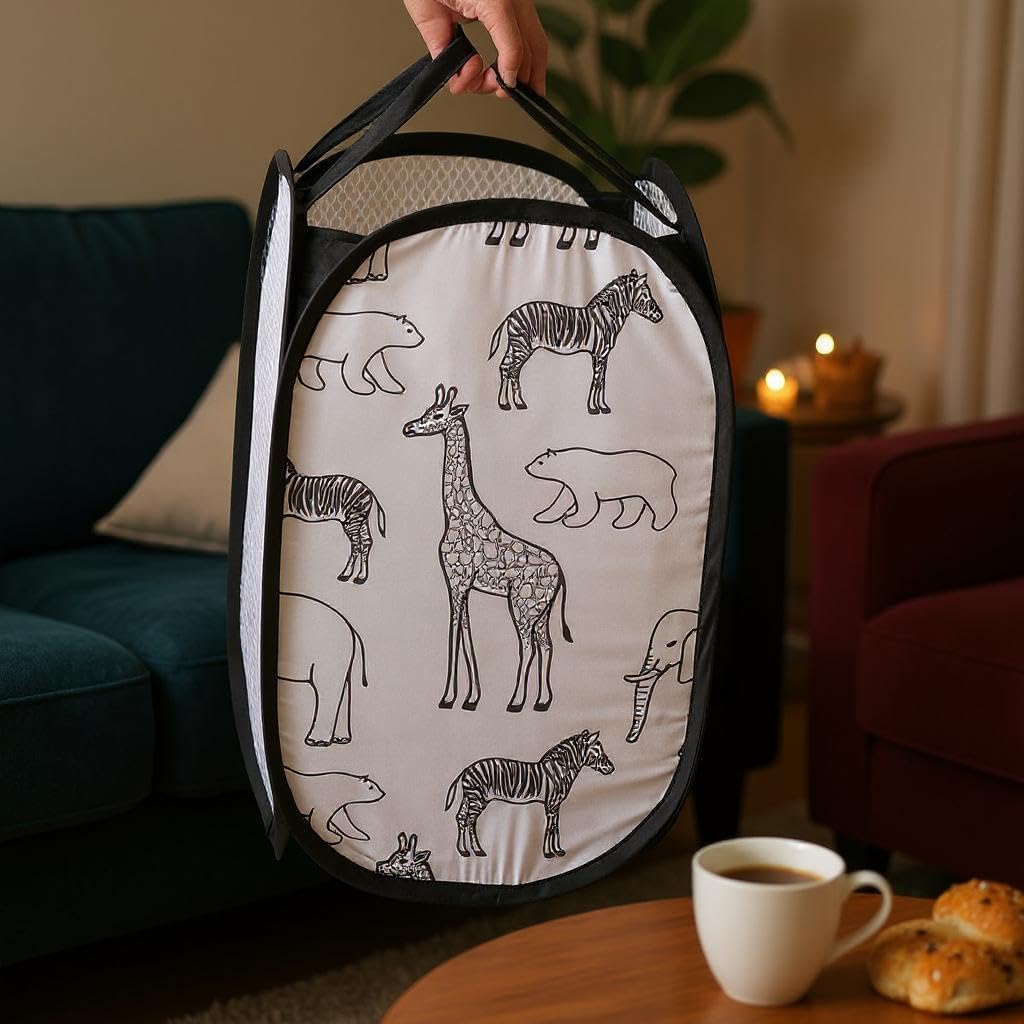 Nylon Collapsible Laundry Hamper Cartoon Design Space Saving Foldable Kids Laundry Basket Breathable Mesh Sides Carry Handles Portable Clothes Bin