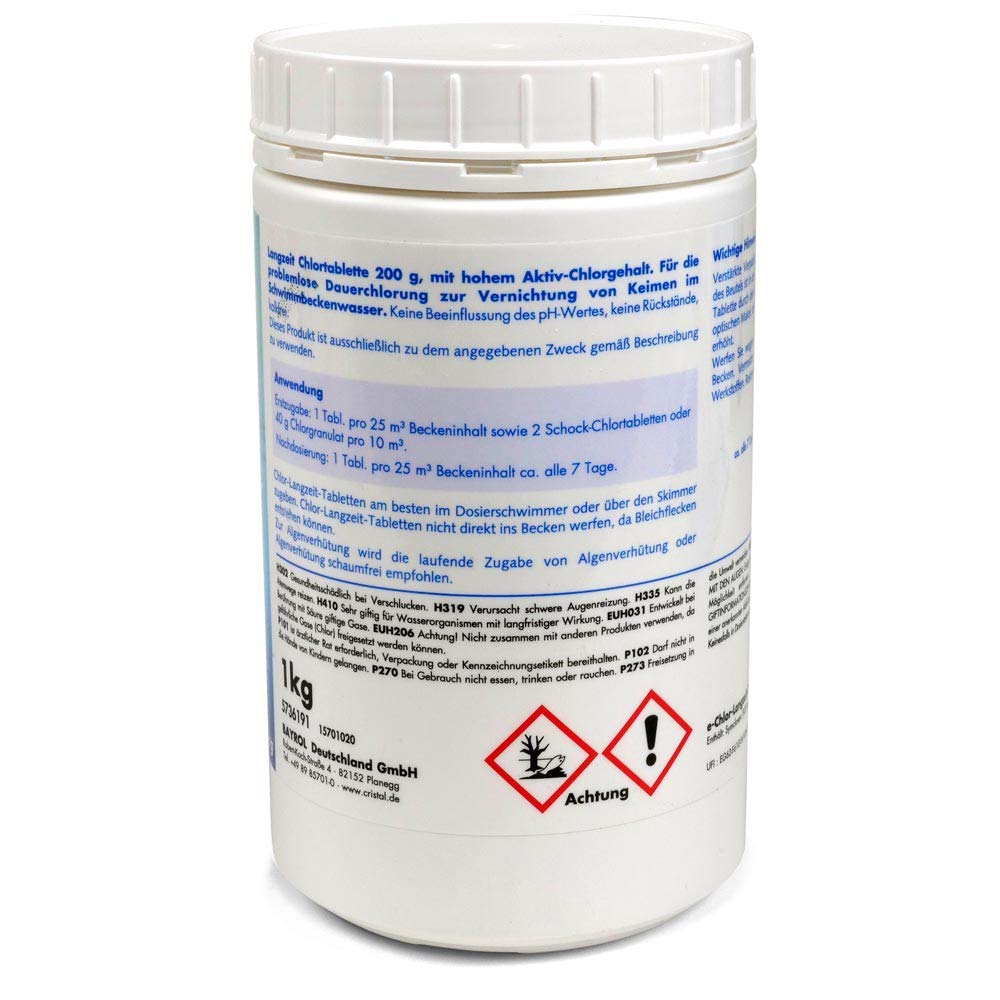 Cristal Chlor Langzeit-Tabletten 200g - 1 kg Eimer - Langzeitdesinfektion für Pools - Stabilisiertes Chlor - Effektive Wasserpflege für Pools ab 20m³