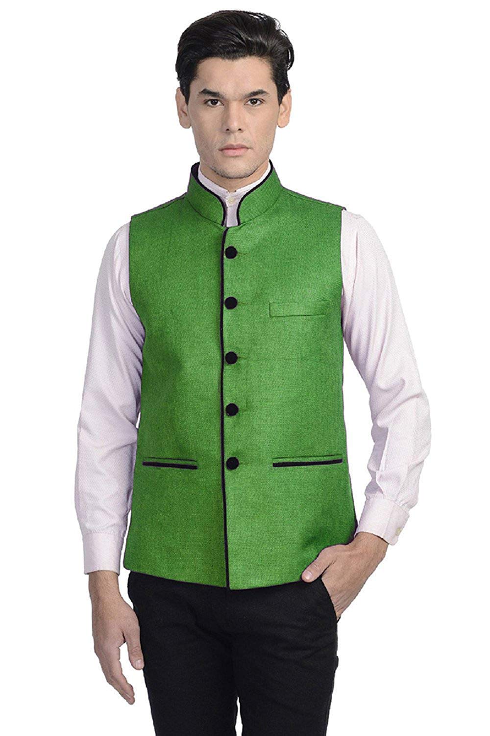 vastraa fusion Men's Blended Bandhgala Festive Nehru Jacket/Waistcoat/Vest - Leaf Green-picture-4