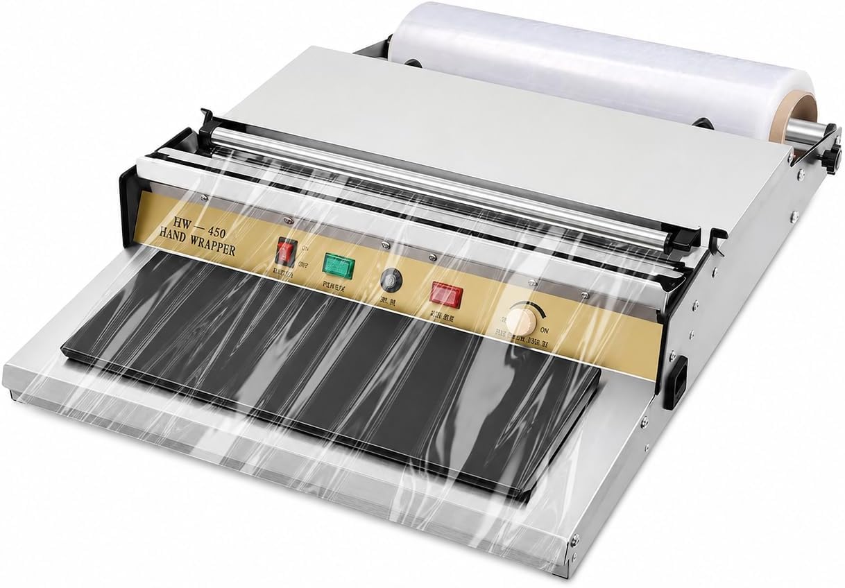 Envolvedora manual de film de alta resistencia con sellador térmico ajustable para supermercados y fruterí.
