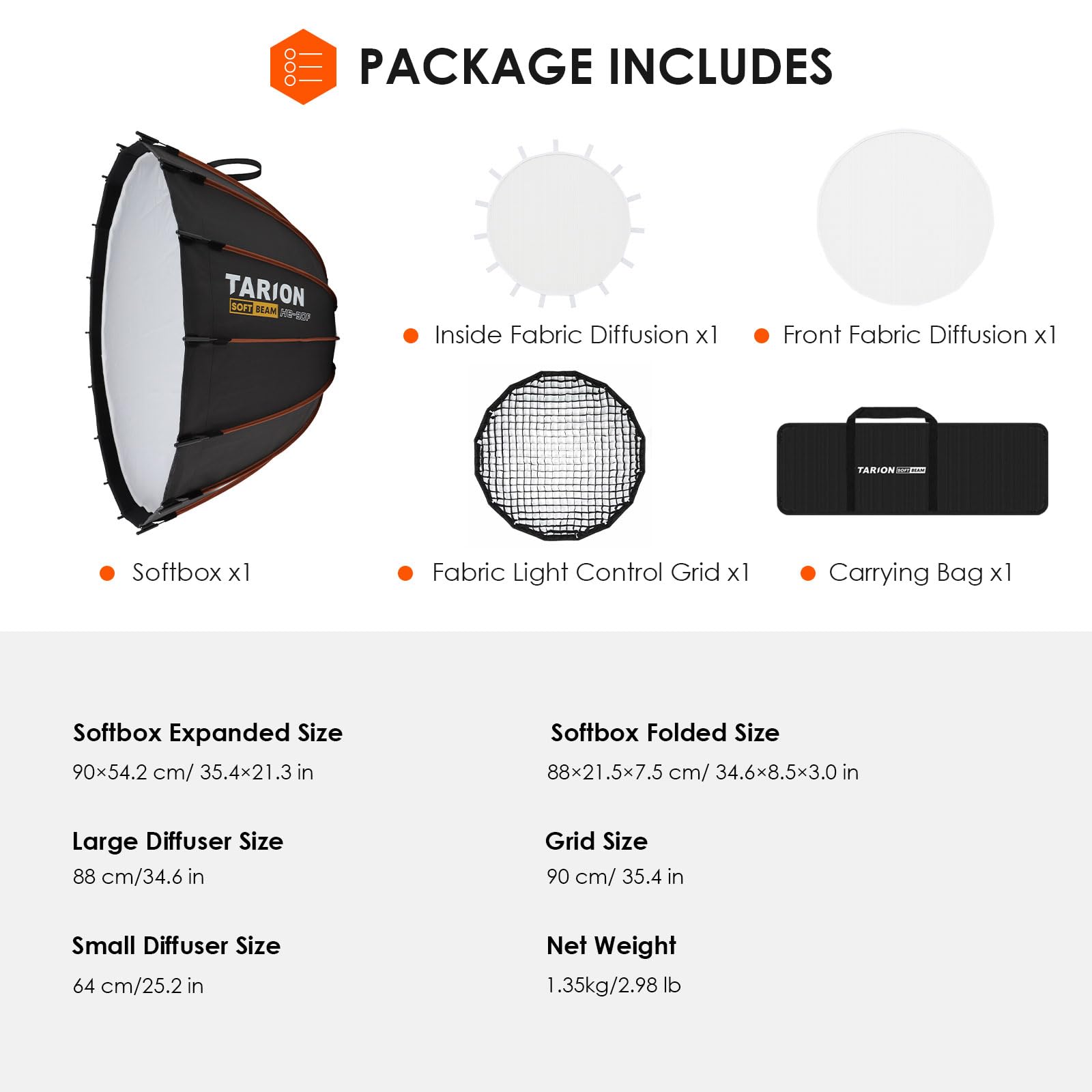 TARION Paraboliczny uchwyt Softbox Bowens: 90 cm Parabolic Softbox Quick Release z dyfuzorem/kratką/torba do studia fotograficznego wideo COB światło Live Streamen (90 cm)