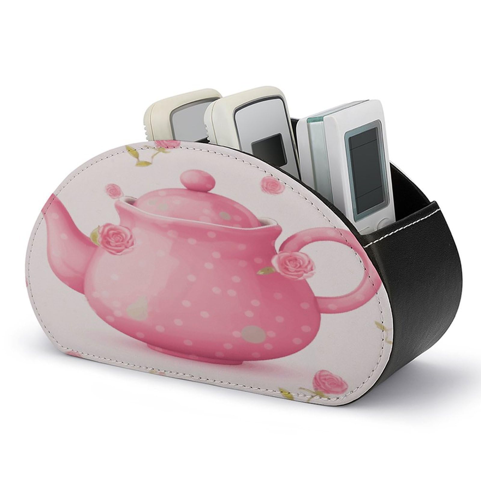 VstaDank Pink Teapot Remote Control Holder with 5 Compartments PU Leather TV Remoter Caddy Desktop Organizer TV Remote Holder Remote Box for Media Controllers Office Supplies