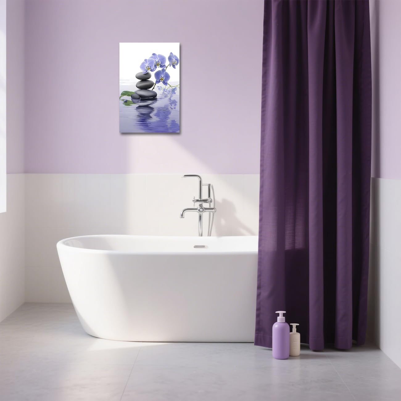 Quadro da Parete Zen per Bagno con Orchidea e Pietre, Dipinto Spa, Natura Morta, Stampe su Tela per Meditazione, Decorazione Spirituale per la Stanza, incorniciato (Viola, 42L x 2