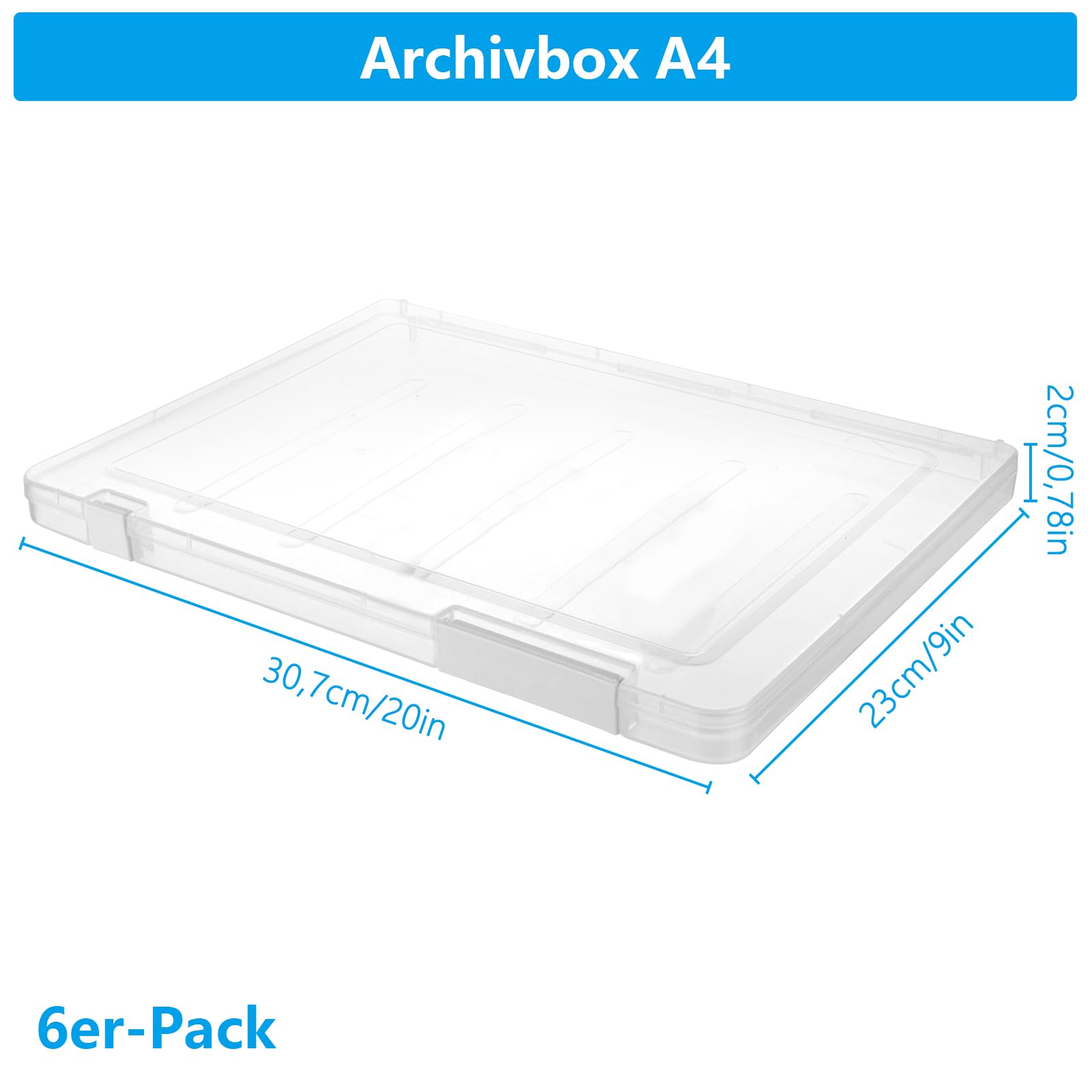 SHUESS 6er Archivbox A4 Transparent Flache Aufbewahrungsbox mit Clip-Verschlüsse, tragbare Archivbox A4 aus Kunststoff mit Deckel, flache Dokumentenbox für Dokumente, Zeitschriften, Sammelalben, Fotos
