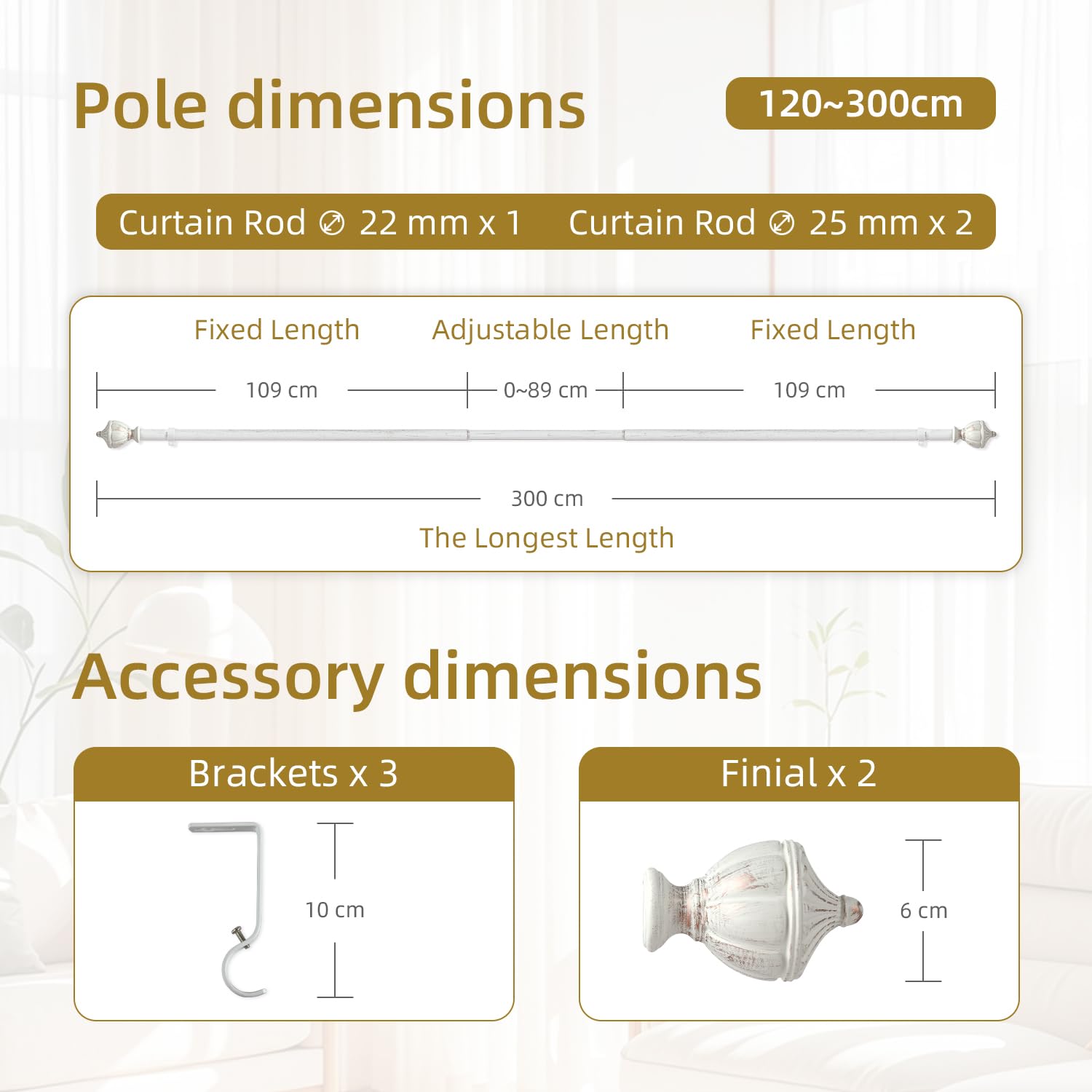 Gardinenstange mit 25 mm Durchmesser, ausziehbar, 120–300 cm, Weiß mit Kronen-Endstücken. Inklusive Halterungen, Befestigungssets. 71,1–121,9 cm, verstellbar, für Wohnzimmer, Schlafzimmer, Küche, Büro