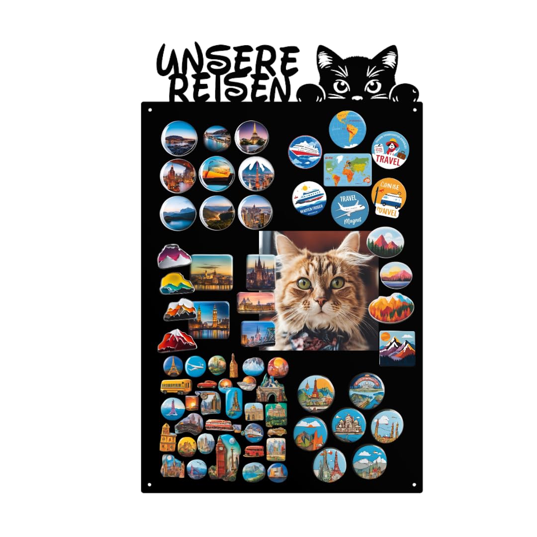 Magnettafel - Magnetische Pinnwand mit Katzenmotiv - ideal für Magnete und Notizen - magnetisches Whiteboard - beschreibbare Tafel - inkl. Montageset - Schwarz - 80x50 cm