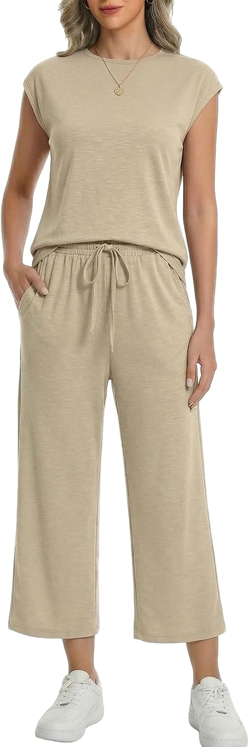 Two Piece Sets for Women Summer Outfits Lounge Sets Cap Sleeve Tops Wide Leg Pants Vacation Travel Outfits