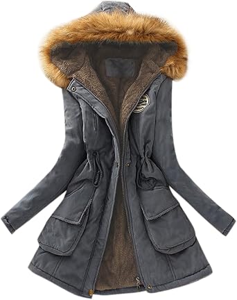 Womens Winter Coat with Fur Hood Plus Size Thicken Jackets Zipper Buttons Parkas Fleece Outerwear with Pockets