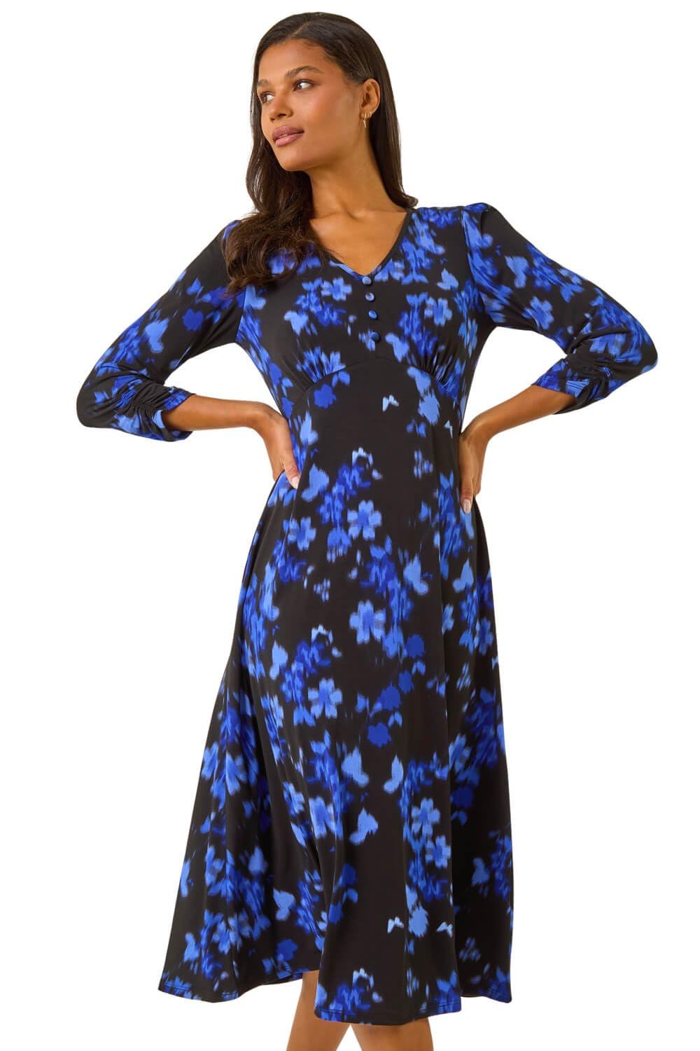Roman Women's Black Floral Print Button Midi Dress In | Size: 20
