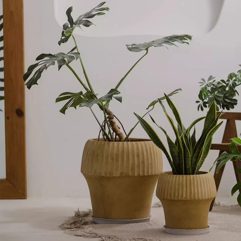 pot de fleur Jardinière ronde couleur chameau avec stries avec trou de drainage, pot de fleur en argile de magnésium, for plantes, fleurs, récipient intérieur et extérieur cache pot ceramique