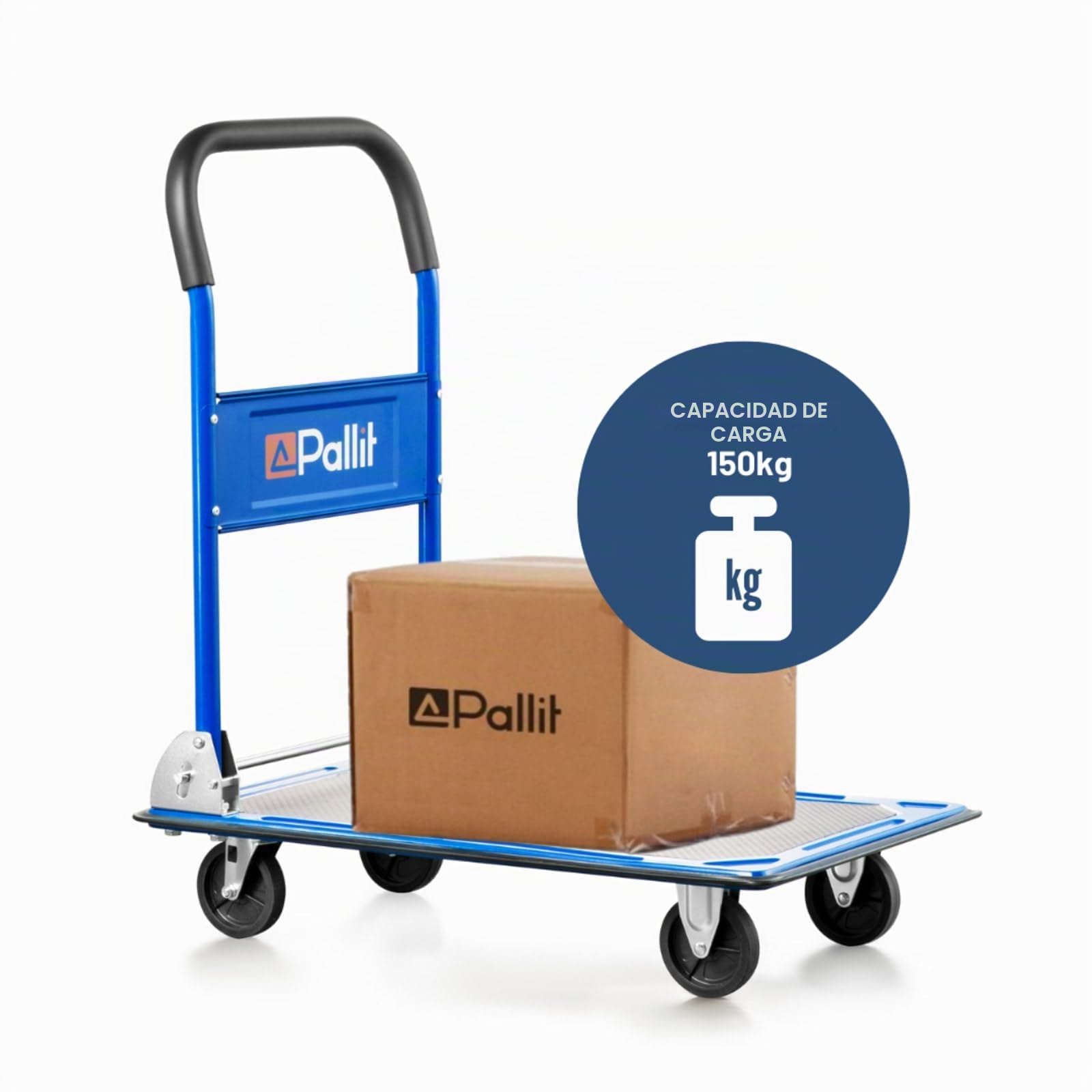 Pallit - Carretilla de transporte plegable en azul, 150 kg de capacidad de carga, carrito portaequipajes con plataforma, revestimiento antideslizante, ayuda al transporte, carretilla manual