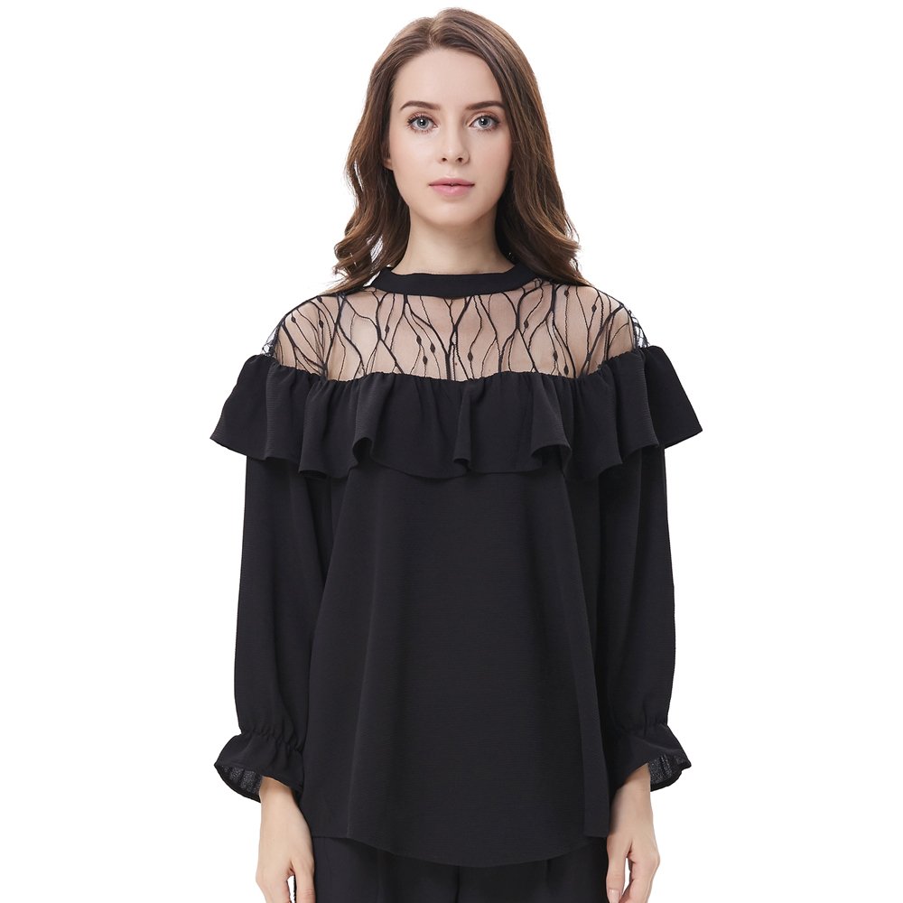 Women Plus Size Blouses, Lace Long Sleeve Blouse with Flouncing Sexy See Through Knit Top (XL)