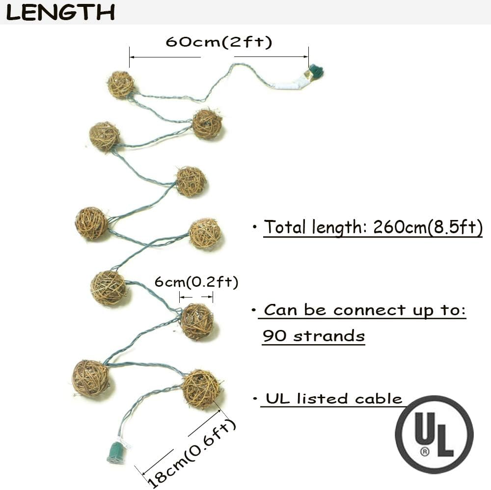 ACRAFT Handmade Dark Brown Rattan Ball String Lights Plug in Fairy Lights for Indoor Outdoor Patio Garden Balcony with End-to-end Connector Decorative Lighting