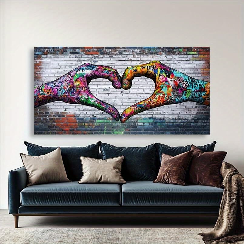 Lienzo de graffiti con manos en corazón, lámina de arte callejero colorido de 30x70cm