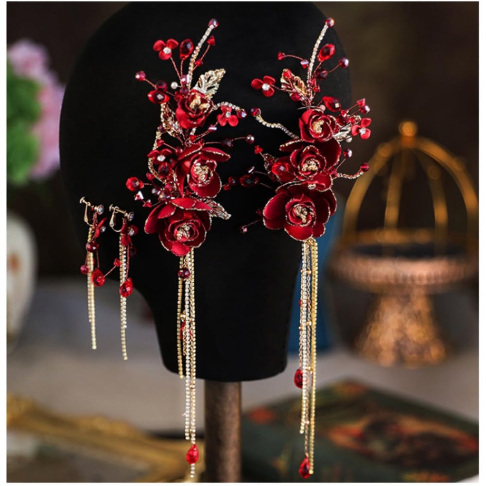 Set di 2 fermagli per capelli con nappe rosse e orecchini a forma di fiore, accessori per capelli da sposa cin