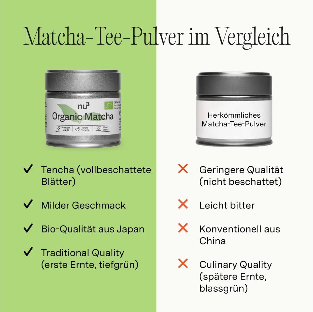 nu3 Bio Matcha Pulver – reiner Tencha-Matcha aus Japan, milder Geschmack, intensiv grün, ohne Zusätze, vegan, glutenfrei, bio, feinster Grüntee, als Kaffe-Ersatz oder zur Entspannung - 3x30 g