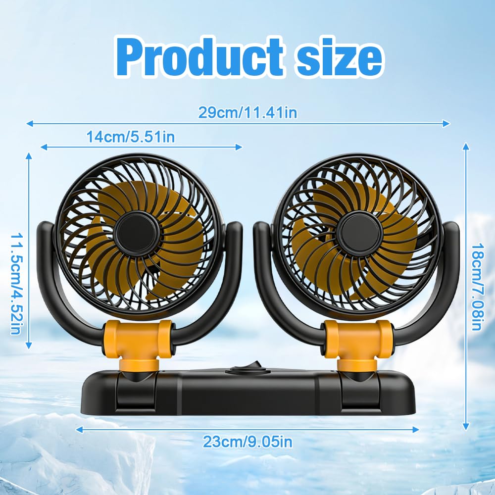 Auto Ventilator, Doppelköpfiger Ventilator Auto, 12V Auto Kühlventilator mit 2 Speed, Kühlungs Luftventilatoren, Kfz Lüfter Auto Ventilator für Auto Van SUV RV Boot, 360 Grad Drehbarer
