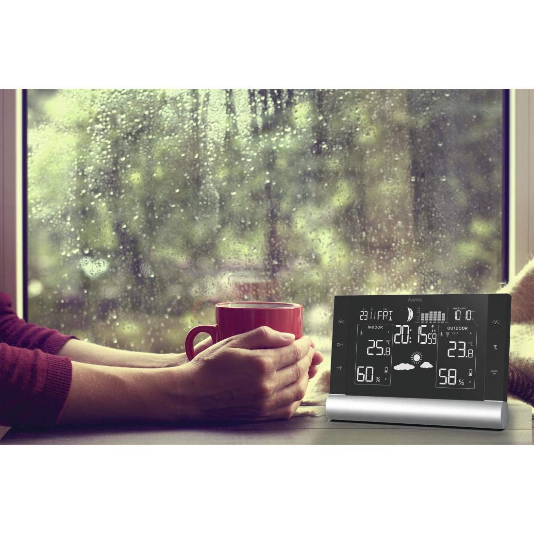 Hama Draadloos weerstation met buitensensor Color Edge (weersvoorspelling, meet luchtvochtigheid, binnen- en buitentemperatuur, thermometer, hygrometer, barometer, DCF-radioklok, datum, maanfasen