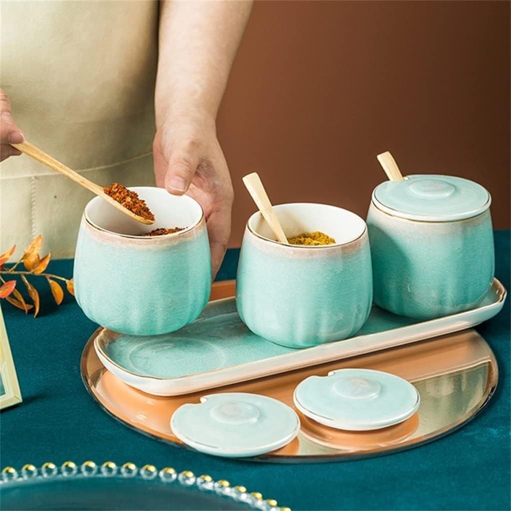 Creative Japanese seasoning pot kiln change ceramic seasoning pot three-piece set household seasoning box kitchen storage bottle can group salt shaker sugar bow