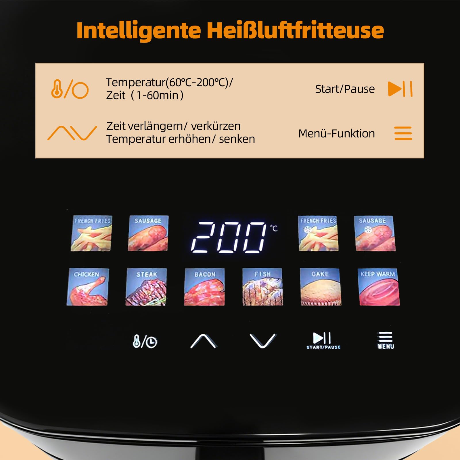 Freidora de aire caliente, 4,5 L, 1200 W, 8 programas | Pantalla LED digital, ventana de visualización, temporizador, freidora sin aceite