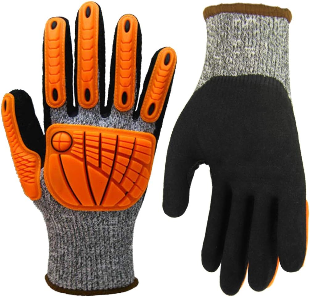 Impact Reducing Work Gloves, Cut Resistant Level 5 Protection for Garden Construction Automotive Oil Mechanic Metal Fabrication Outdoor Activities.