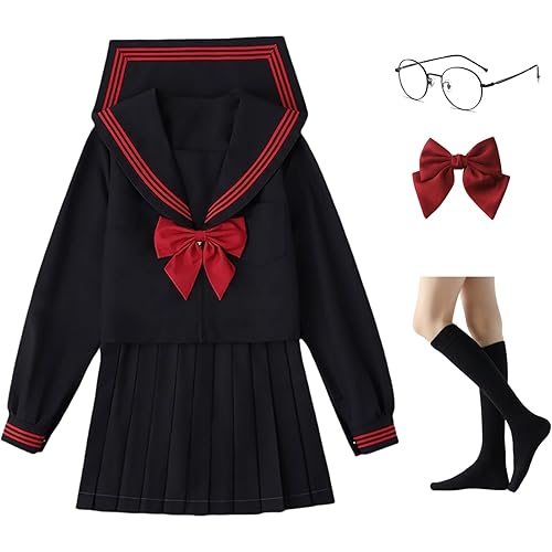 Yarawphy Women's Japanese School Girls Uniform Sailor Costume Long Sleeve Anime Cosplay Pleated Skirt with Glasses Socks - Medium - Black Red