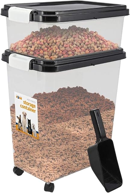 3 Piece Pet Food Airtight Storage Container With Plastic Measuring Scoop Treats And Dry Food Storage and Dispenser For Dogs Cats and Various Small Pets (Black)