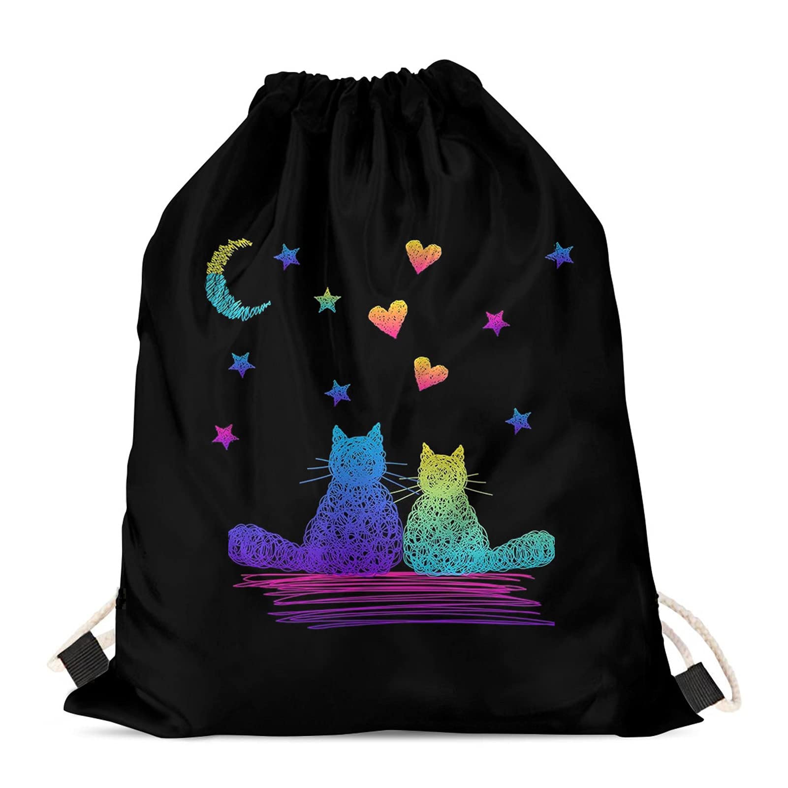 Showudesigns Rainbow Couple Cat Drawstring Bag Kids Girls String Bag Gym Sackpack Drawstring Backpack for Beach Travel Cinch Sack Black — image 1