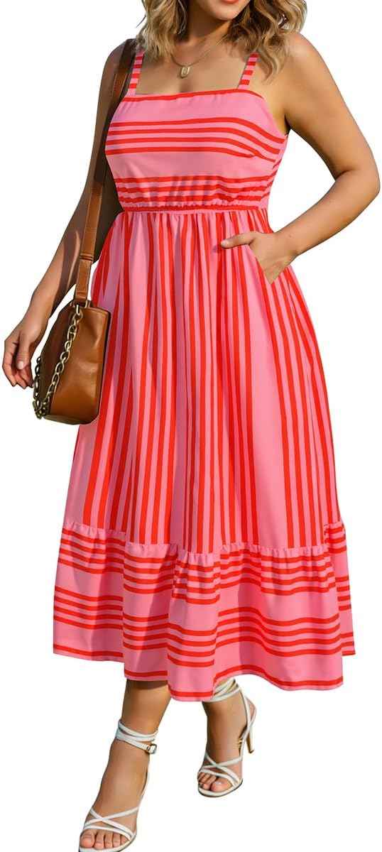 RITERA Plus Size Summer Dresses for Curvy Women Maxi Square Neck Sleeveless Casual Beach Sundress with Pockets, Flowy Dress