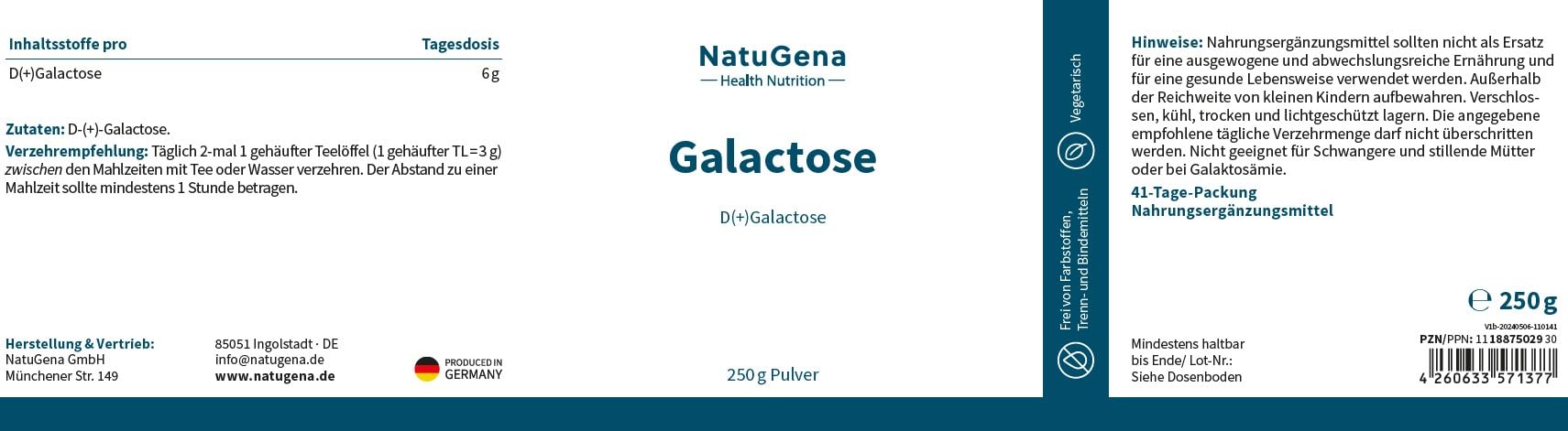 NatuGena D (+) Galactose Pulver, natürlicher Zucker, Einfachzucker oder Monosaccharid, geeignet bei Laktoseintolleranz, D-Galactose Pulver, 250 gr, (41 Tage Packung)