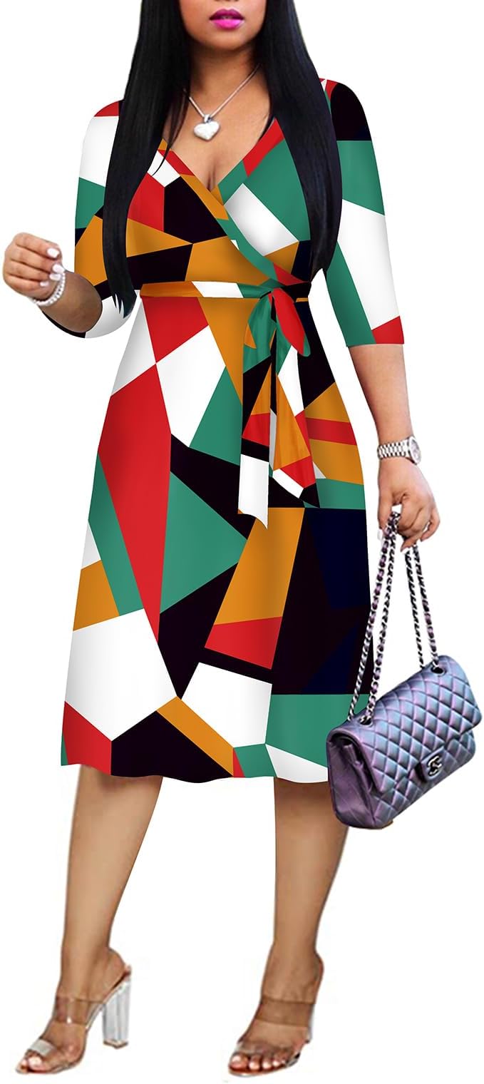 Women's Plus Size Faux Wrap Cocktail Party Dress for Women, Dresses for Women, 3/4 Sleeve Deep V Neck Swing Wrap Floral Midi Dress with Belt, Milticolor Red, XXL