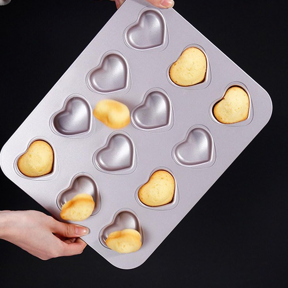 CANDeal Moule À Muffins En Forme De Cœur À 12 Cavités Pour Mini Gâteau Au Cœur, Plaque De Cuisson Antiadhésive Pour Four Madeleine, En Acier Au Carbone Robuste