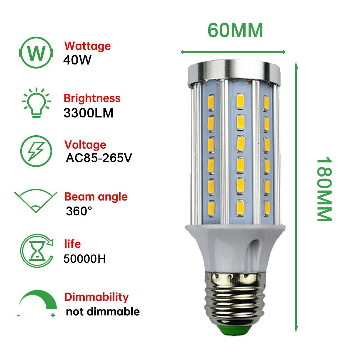 Bombilla LED maíz E27 40W, bombillas incandescentes equivalentes a 330W, bombilla LED E27, no regulable, 3300LM 140x5730SMD, bombilla LED maíz E27