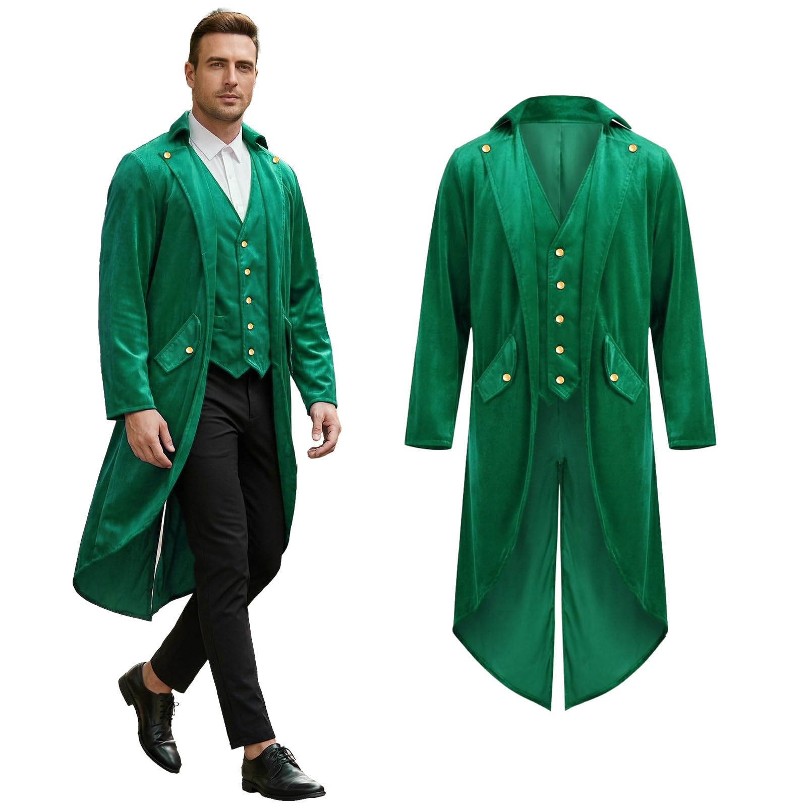 Crubelon Men's Gothic Steampunk Tailcoat – Long Victorian Jacket with Golden Buttons – Elegant Medieval & Renaissance Costume for Halloween, Carnival, and Cosplay Events (Green, L)
