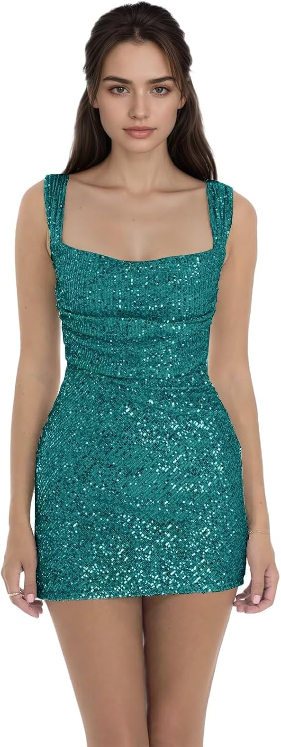 Sparkly Sequin Short Homecoming Dresses 2025 Tight Pleated Square Neck Prom Cocktail Graduation Gowns