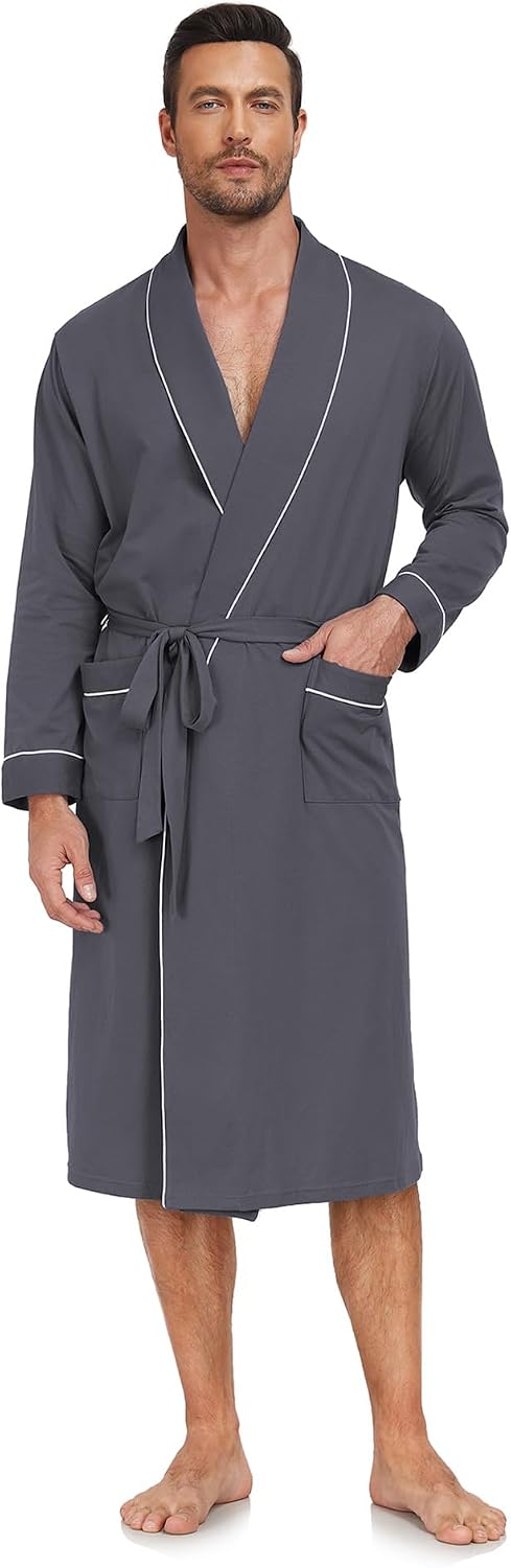 COLORFULLEAF Men's 100% Cotton Summer Robe Lightweight Long Bathrobe Breathable Knit Sleepwear Spa Robe with Pockets