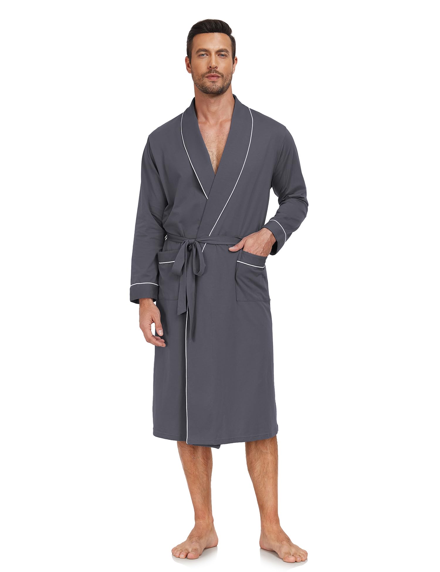 COLORFULLEAF Men's 100% Cotton Summer Robe Lightweight Long Bathrobe Breathable Knit Sleepwear Spa Robe with Pockets