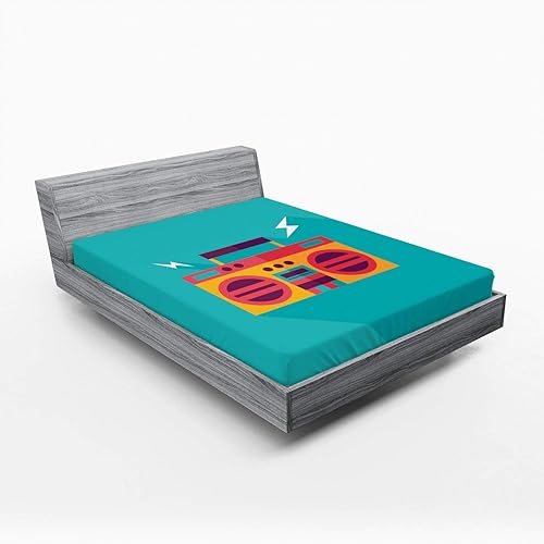 Lunarable Music Fitted Sheet, Ghetto Blaster Audio Retro Boombox with a Long Shadow, Bed Cover with All-Round Elastic Deep Pocket for Comfort,