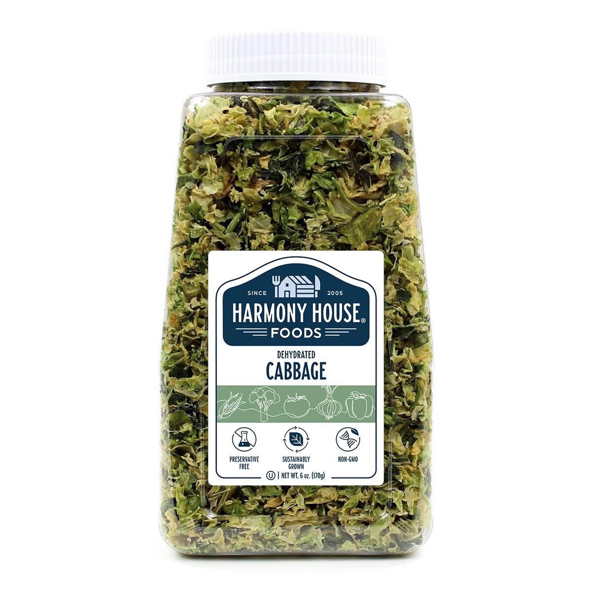 Harmony House Foods Dehydrated Cabbage Flakes - Air Dried Vegetables for Soup and Cooked Dishes, Great for Camping, Survival, and Backpacking, 6 Ounces