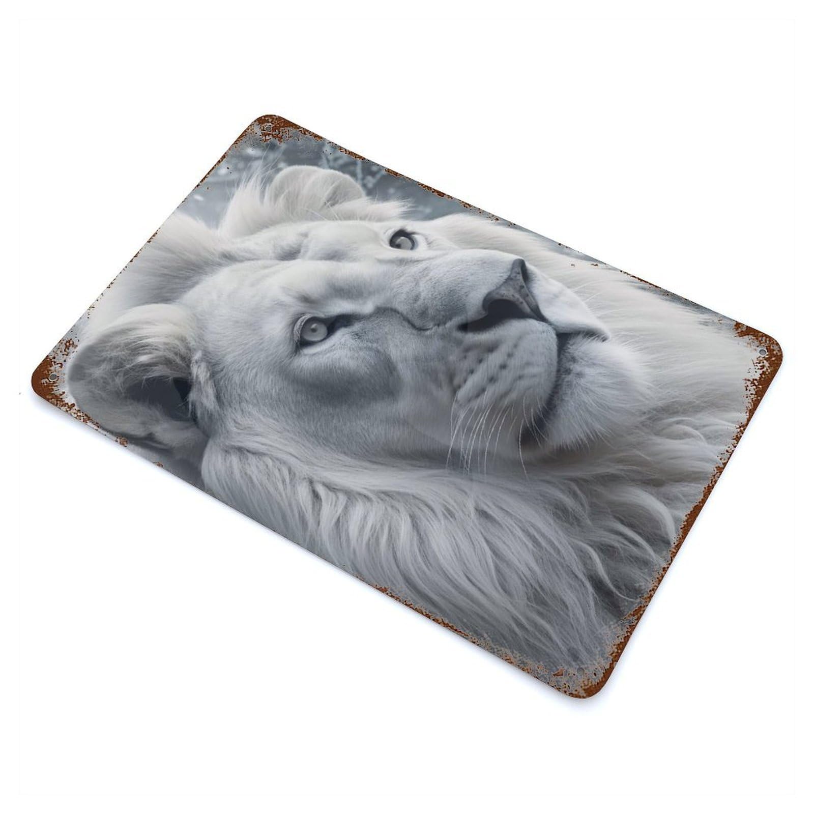 White Fantasy Lion Rustic Tin Plaque 11.8"x7.9", Ideal for Shed, Workshop And Garage Wall Decor