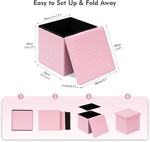 Miniatura 17 de B FSOBEIIALEO Otomana plegable de almacenamiento, reposapiés de piel sintética, banco largo, caja de juguetes para niñas, color rosa, 30 x 15 x 15