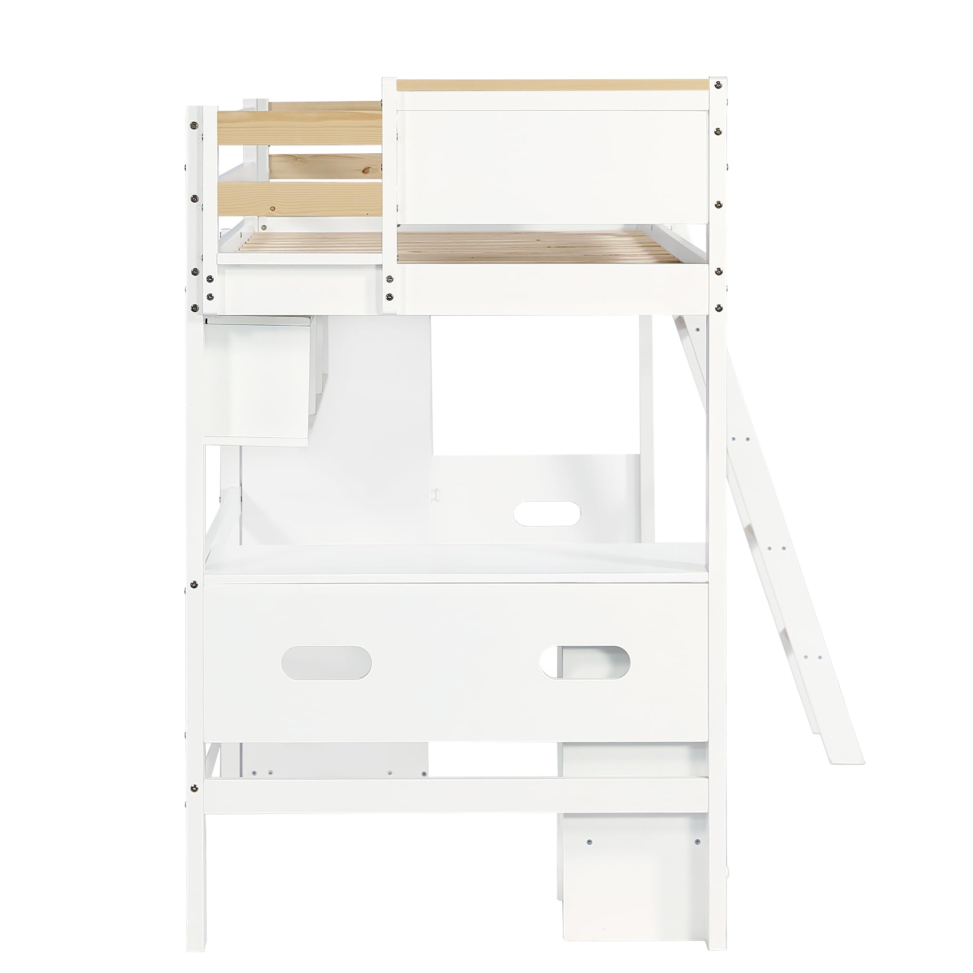 Cama Alta para Niños 90 x 200 cm, Litera con Rejilla de Protección, Mesa, Armario y Estantería Abierta - Amplio Espacio de Almacenamiento